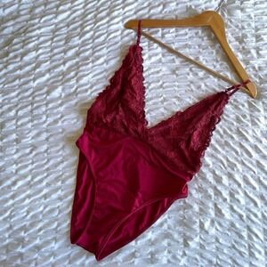 Deep Red Lace Lingerie Catsuit | Low Back Bodysuit M
